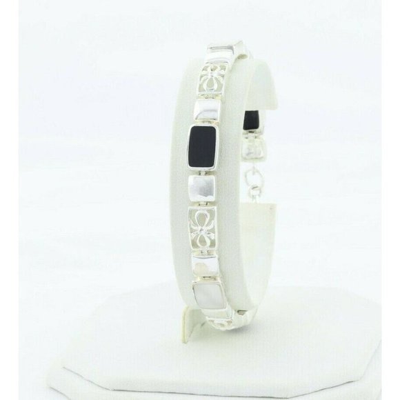 Sterling Silver Onyx and Marcasite Bracelet 7 3/4 inch - Picture 6 of 10